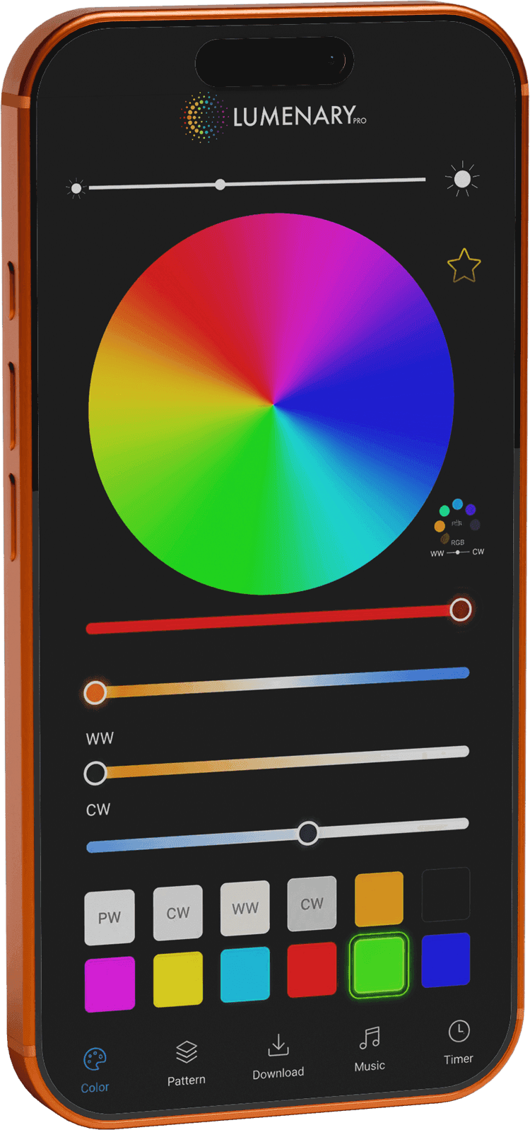 The Lumenary Pro app showing a colour wheel, brightness slider, dedicated warm-white and cool-white sliders, and preset colour swatches.