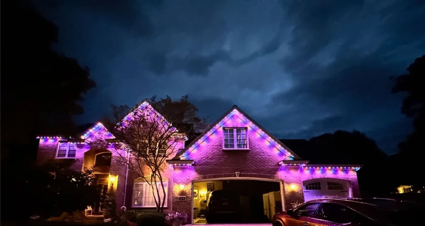 A home lit by Lumenary Pro for Super Bowl Sunday in February.
