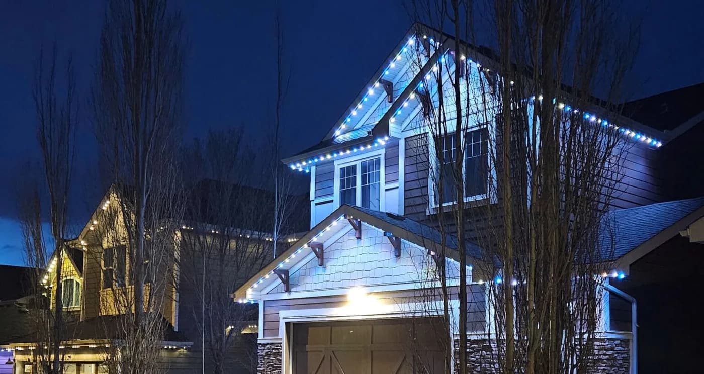 A home lit by Lumenary Pro for New Year's Eve in January.
