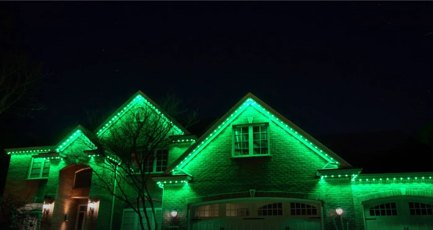 A home lit by Lumenary Pro for St. Patrick's Day in March.