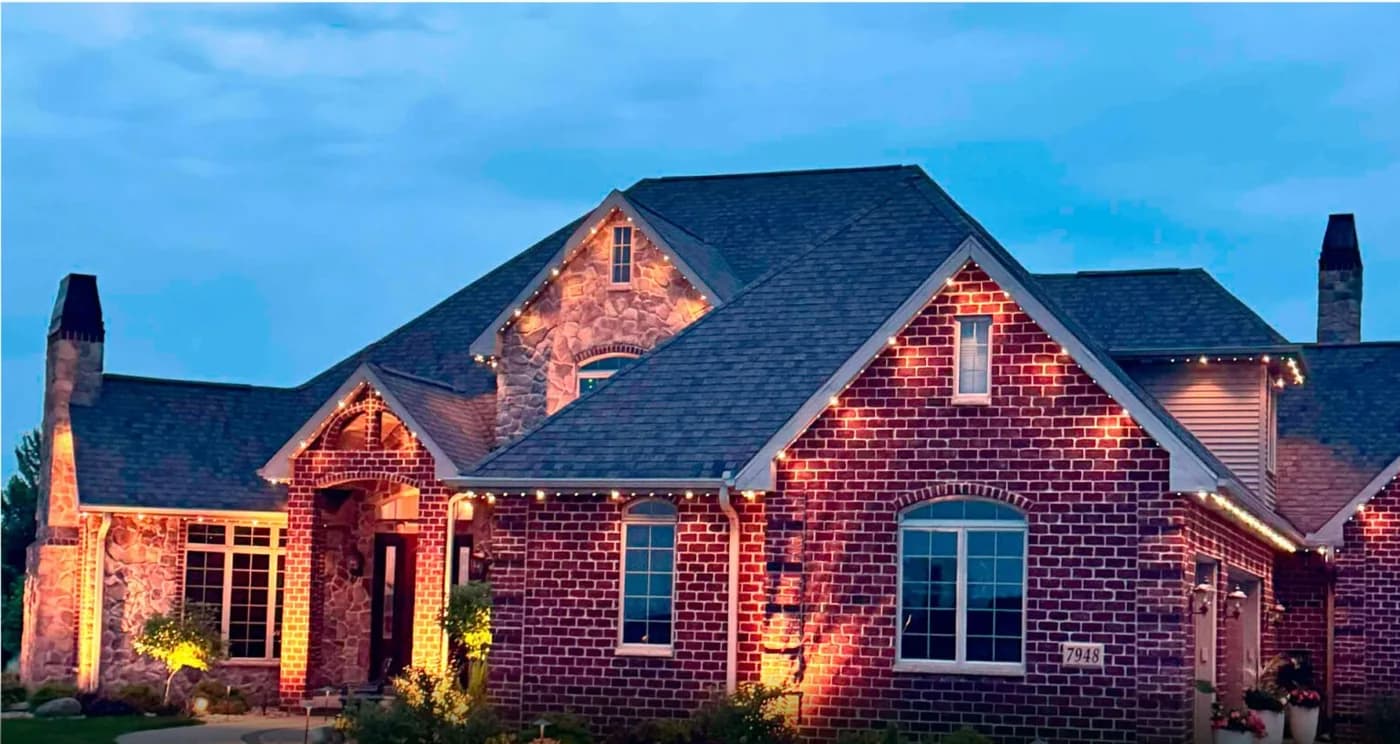 A home lit by Lumenary Pro for Thanksgiving in November.